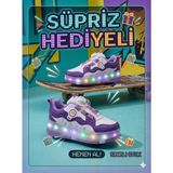 Işıklı Spor Ayakkabı Patenli 4 Tekerlekli Dönüşümlü Çocuk Ayakkabısı Güneş Kremi Hediyeli - Mor - Beyaz - 32