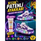 Işıklı Spor Ayakkabı Patenli 4 Tekerlekli Dönüşümlü Çocuk Ayakkabısı Güneş Kremi Hediyeli - Mor - Beyaz - 35