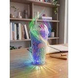 Işıklı Unicorn Flamingo Desenli Çift Katmanlı Jel Buzlu Pipetli Bardak - 450Ml - Renk Değiştiren Led Tabanlı