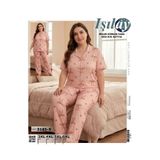 Işılay Desenli kurdela detay pamuklu kumaş gömlek yaka yazlık büyük beden kadın pijama takımı