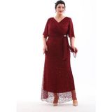 Işıltı Abiye Abiye Payet Şifon Detay Balık Model Kısa Kol Büyük Beden Abiye Elbise 3099 - 12R-Bordo - 46