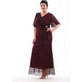 Işıltı Abiye Abiye Payet Şifon Detay Balık Model Kısa Kol Büyük Beden Abiye Elbise 3099 - Koyu Mürdüm - 48