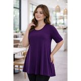 IŞILTI Kadın Yuvarlak Yaka Kısa Kollu Salaş Rahat Kesim Likralı Esnek Dökümlü Mor Bluz