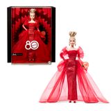 Işıltılı kırmızı tül elbisesi, damla küpeleri ve tül eldivenleri ile sarı saçlı Barbie Signature bebek, koleksiyona uygun Mattel 80. yıl dönümü bebeği, JBJ17