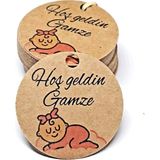 Isim Baskılı Hoş Geldin Bebek Kartı / Kız Bebek Temalı 48 Adet Kraft Etiket (3,8 Cm) - Kahve