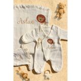 Isim Nakışlı Aslan 4lü Yenidoğan Müslin Bebek Seti - %100 Pamuk Battaniye, Tulum, Şapka - 00-Beyaz - 0 - 3 Ay