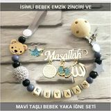 İsimli Emzik Zinciri Ve İsimli Yaka İğnesi Seti, Mavi, Erkek Bebek