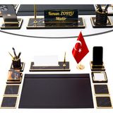 İsimlik Sepeti 11 Parça Türk Bayraklı Mermer Desen Ahşap Sümen Takımı Deri Sümen Seti