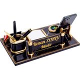 İsimlik Sepeti Merlin Mermer Desenli Ahşap Masa İsimliği Ofis İçin 32 cm x 20 cm Hediye Seti