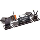 İsimlik Sepeti Mermer Desenli 9 Parça Ahşap Ofis Masa İsimliği Gümüş 32cm x 11cm Kalemlik Telefonluk