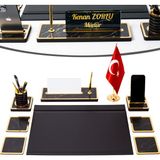 İsimlik Sepeti Star Mermer Desenli Ahşap Sümen Takımı 9 Parça Deri Sümen Seti Masa İsimliği
