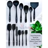 Isıya Dayanıklı 12 Parça Silikon Spatula Kepçe Kaşık Seti, Siyah - 001 - Beyaz - 0,5 ml