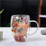 Isıya Dayanıklı Borosilikat Çift Çidarlı Flower Cup Bardak Çiçekli Kahve Sunum Seti 1 Parça