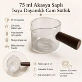 Isıya Dayanıklı Cam Sütlük 75 ml Akasya Ahşap Saplı A947663553 | Çift Yönlü Döküm Ağzı, Ölçü İşaretli Cam, Taban Çapı 6 cm, Espresso ve Süt Sunumu, El Yıkama Önerilir