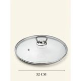 Isıya Dayanıklı Cam Tencere Tava Kapağı - Metal Kulplu Buhar Delikli Yedek Kapak 32 Cm Şeffaf