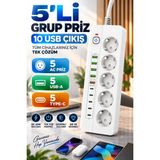 Isıya Dayanıklı Power Tuşlu 5'li Grup Priz 5x USB 5x Type-C Çıkışlı Priz 2 mt Kablolu - Beyaz