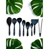Isıya Dayanıklı Silikon Kevgir Kepçe Spatula Kaşık Maşa Seti (30-28-22-20 Cm) 8 Parça - Siyah