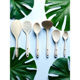 Isıya Dayanıklı Silikon Kevgir Kepçe Spatula Kaşık Seti (30-28-22-20 Cm) 6 Parça - Krem