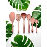 Isıya Dayanıklı Silikon Kevgir Kepçe Spatula Kaşık Seti (30-28-22-20 Cm) 6 Parça - Somon
