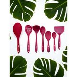 Isıya Dayanıklı Silikon Kevgir Kepçe Spatula Kaşık Seti (30-28-22-20 Cm) 7 Parça - Fuşya