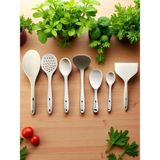 Isıya Dayanıklı Silikon Kevgir Kepçe Spatula Kaşık Seti (30-28-22-20 Cm) 7 Parça - Krem