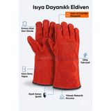 Isıya ve Çapağa Dayanıklı Kaynak Eldiveni - Kırmızı Süet Deri Gövdeli Uzun Konçlu Isı Eldiveni