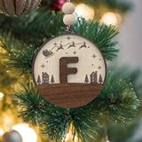 İskandinav Tarzı F Harfi Yılbaşı Ağaç Süsü, Kişiye Özel Minimalist Noel Baba Desenli Çam Ağacı Süsü Ceviz
