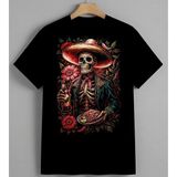 Iskelet Sombrero Kirmizi Cicek Unisex Erkek Kadın Oversize Tişört Siyah