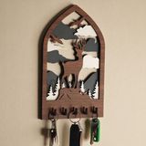 Isla Home 3D Ahşap Dağ ve Geyik Tasarımlı Anahtar Askılığı – 15X25 cm Dekoratif Duvar Anahtarlık Askısı - Krem - Kahverengi