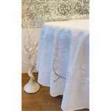 İşleme dantel görünümlü dökümlü kaymaz yuvarlak pvc muşamba masa örtüsü beyaz çiçekli 155x155 cm