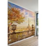 İşlemeli Saksılar ve Paris Eyfel Kulesi Manzaralı Teras Tek Parça Tekstil Duvar Kağıdı, 600 x 280