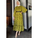 Işlemeli ve Astarlı Tesettür Şifon Elbise P-00017276 - Yağ Yeşili - 36