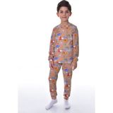 Isob Kahverengi Dinozor Desen Fitilli Interlok Kumaş %100 Pamuk Erkek Çocuk Pijama Takımı 3-12 Yaş 12309-K - 3 - 4 Yaş