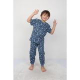Isob Mavi Gülen Surat Desenli %100 Pamuk Erkek Çocuk Kısa Kollu Pijama Takımı 3-8 Yaş 41305-M - 5 - 6 Yaş
