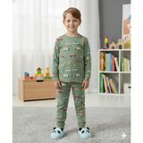 Isobel Isob Yeşil Arabalar Desenli Interlok %100 Pamuk Erkek Çocuk Pijama Takımı 3-13 Yaş 42003 - 7 - 8 Yaş