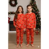 Isobel Kırmızı Yeni Yıl Desenli Interlok %100 Pamuk Unisex Kız ve Erkek Çocuk Pijama Takımı 3-13 Yaş 42227-K - 6 - 7 Yaş