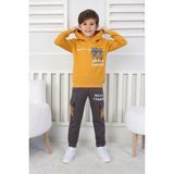 Isobgiv Dağ Desenli Kapşonlu %100 Pamuk Erkek Çocuk Eşofman Takımı 4-8 Yaş 24054 - Hardal