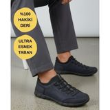 Ispartalılar 970 Ortopedik Taban Günlük Hakiki Deri Erkek Ayakkabı Esnek Hazır Taban Casual Ayakkabı - Lacivert - Nubuk