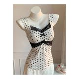 İsra Ayyıldız Moonstar Collection Coguette Lolita Kalın Askılı Puantiyeli Dantel Detaylı Tam Boy Bluz