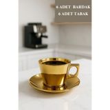 isra kristal Modern Cam Gold Renkli Kahve Fincan Takımı 6’lı – Gold Kahve Fincanı - 6 Bardak + 6 Tabak
