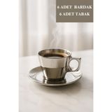 isra kristal Modern Cam Gümüş Renkli Kahve Fincan Takımı 6’lı – Gümüş Kahve Fincanı - 6 Bardak + 6 Tabak