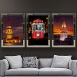 İstanbul-2 Temalı Aynalı Çerçeveli 3 lü Kanvas Tablo Seti 150x70 cm SETS0059
