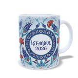 İstanbul 2026 Porselen Bardak, Geleneksel Türk Motifleri, İznik Çini Deseni Baskılı Bardak, Beyaz, 325 ml,