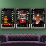 İstanbul-3 Temalı Aynalı Çerçeveli 3 lü Kanvas Tablo Seti 150x70 cm SETS0066