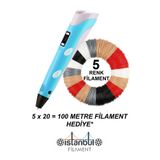 İSTANBUL FİLAMENT 3D Pen Kalem - Üç Boyutlu Yazıcı Kalem Printer 5 x 20 = 100 Metre Filament Hediye