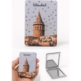 Istanbul Galata Kulesi Temalı Simli Büyüteçli Pratik Mini Cep Çanta Makyaj Aynası - Çok Renkli