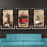 İstanbul Temalı Aynalı Çerçeveli 3 lü Kanvas Tablo Seti 150x70 cm SETS0058