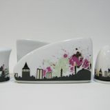 İstanbul Temalı Porselen 3'lü Set, Tuzluk Biberlik ve Peçetelik, Siyah Siluet Desenli, 12.5x7 cm