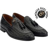 İstanbul Twingold Twingold Kişiye Özel Altın Harfli El Örgüsü Deri Püsküllü Erkek Ayakkabı - Siyah