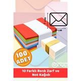 İstisna 100 Adet Not Kağıdı ve 100 Adet 7x9 cm Renkli Zarf Sevgiliye Not Için Mini Zarf Kartvizit Zarfları - Çok Renkli